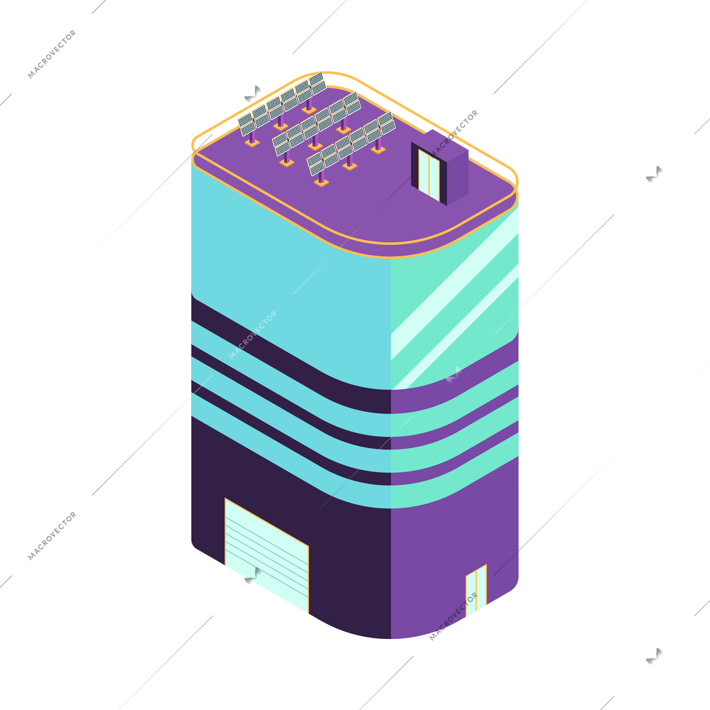 Isometric smart city technology neon icon with solar panels on building roof 3d vector illustration