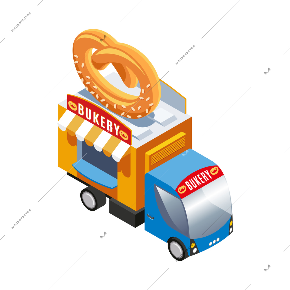 Street bakery isometric food truck on white background 3d vector illustration