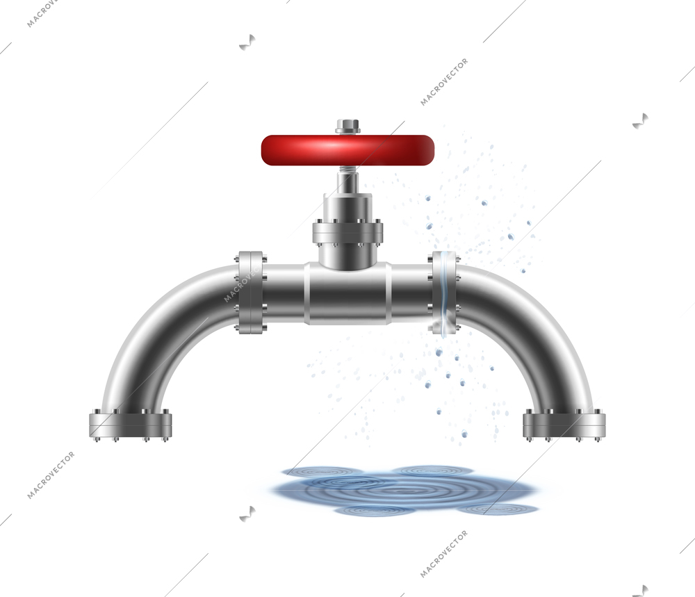 Realistic pipeline burst with drops and splashes of water vector illustration