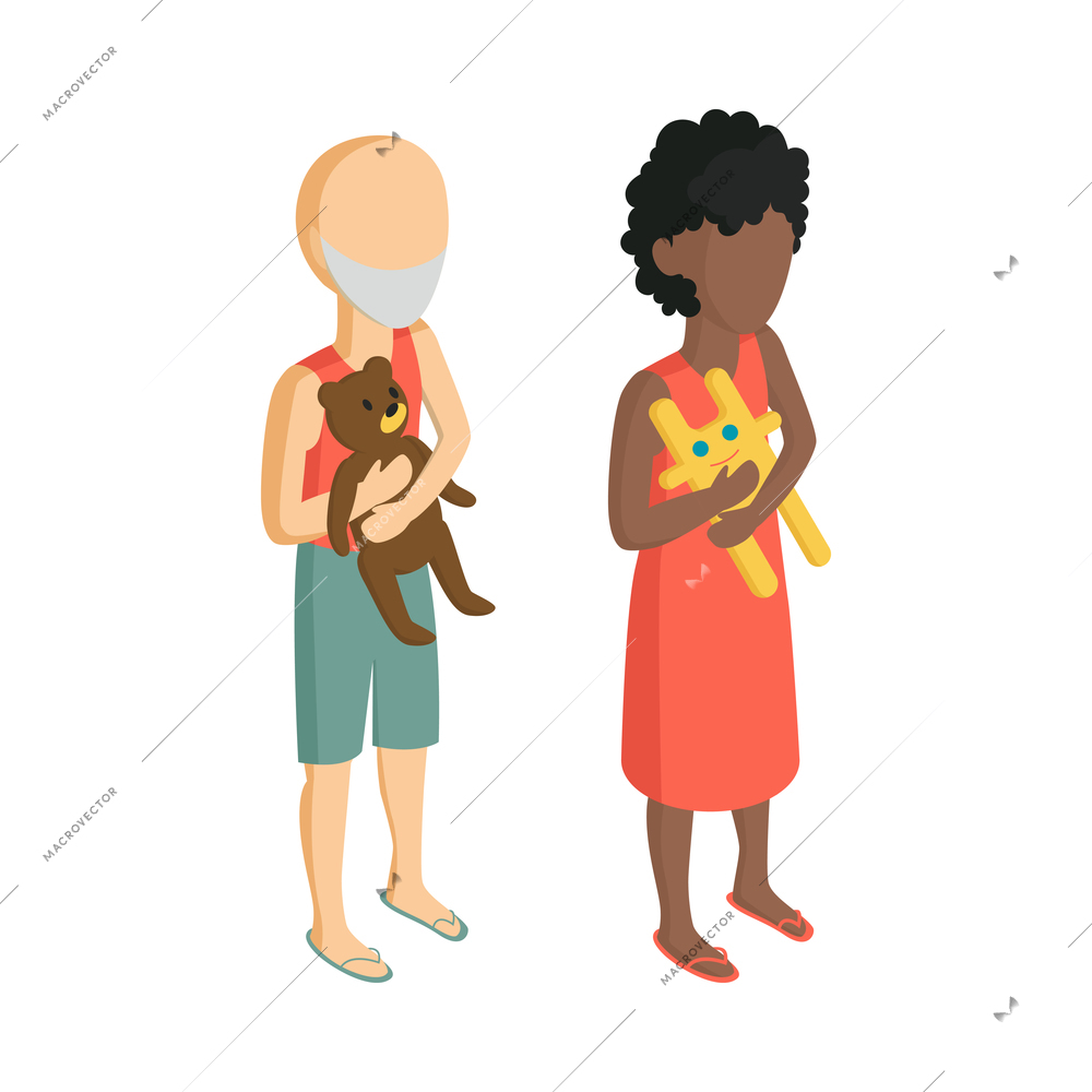 Isometric charity donation icon with two orphans holding toys 3d isolated vector illustration