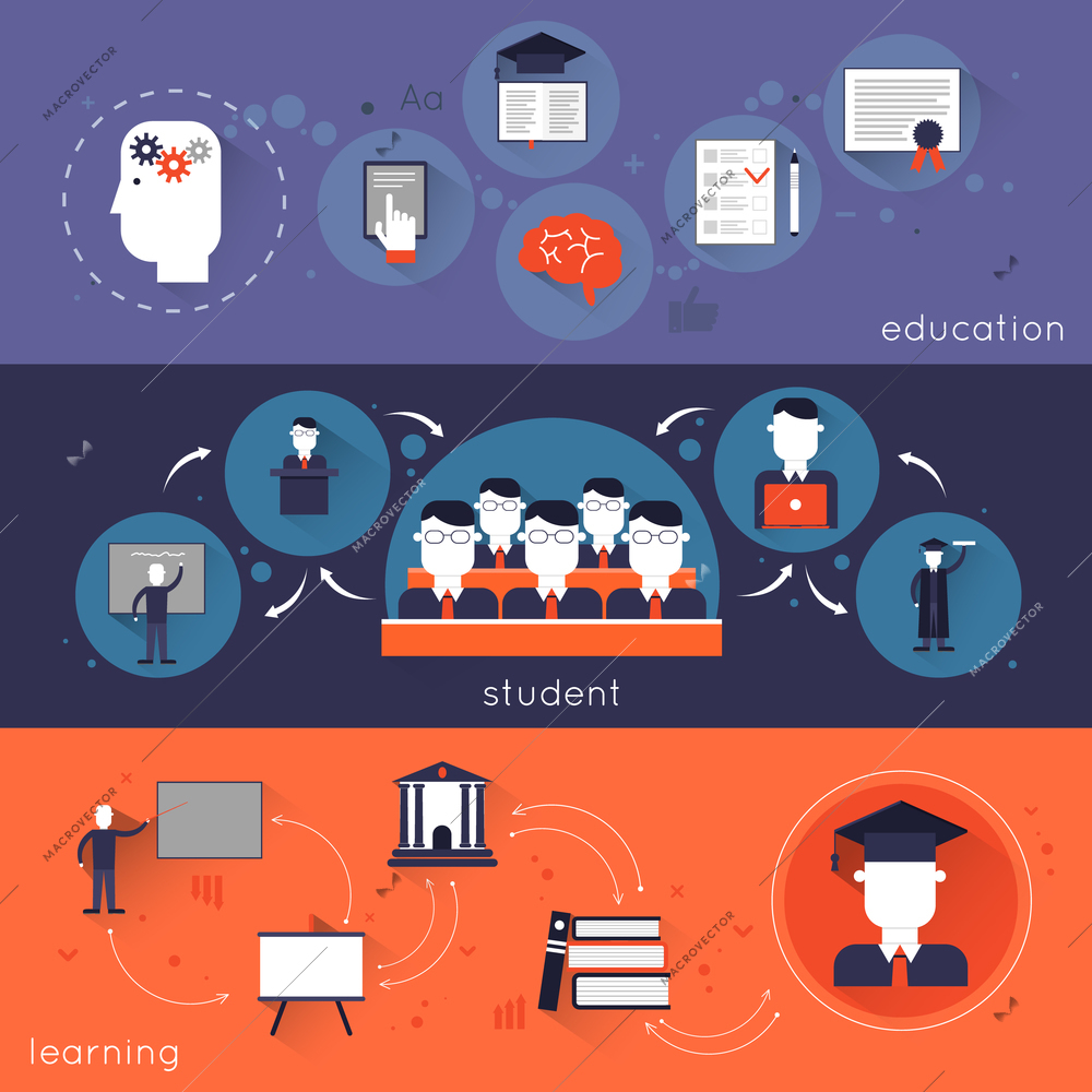Higher education flat banner set with student learning isolated vector illustration