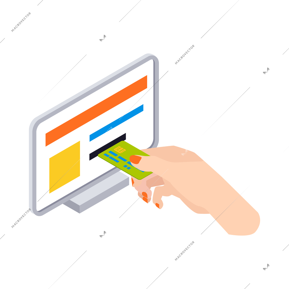 Online shopping isometric icon with female hand paying order with card 3d vector illustration