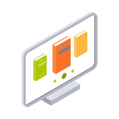 Online shopping bookshop isometric icon with books on computer monitor 3d vector illustration