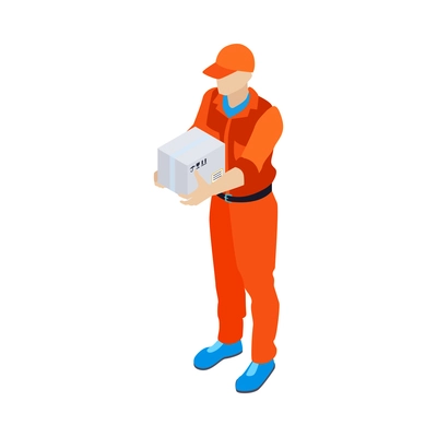 Male faceless character of courier holding cardboard box 3d isometric vector illustration