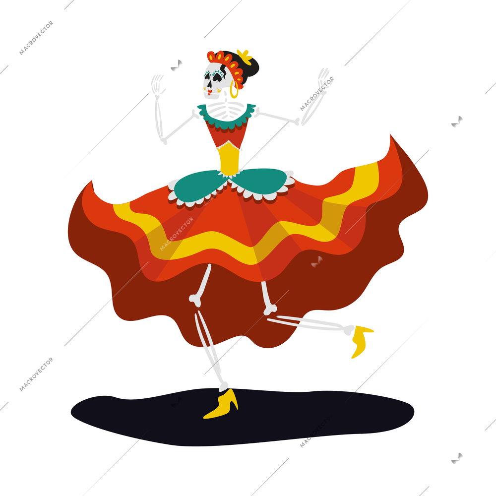 Mexican day of dead holiday symbol with dancing skeleton in traditional dress flat vector illustration