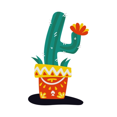 Green cactus with flower in patterned pot flat vector illustration