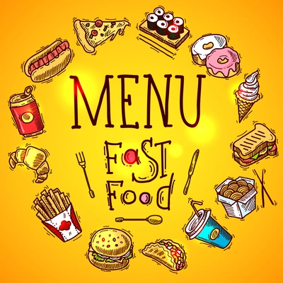 Fast food menu concept with colored sketch soda sandwich and chicken decorative icons vector illustration