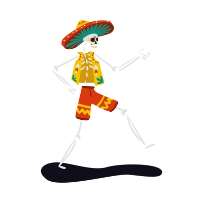 Mexican day of dead holiday symbol with dancing skeleton in traditional costume flat vector illustration