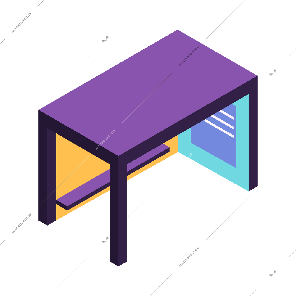 Isometric colorful bus stop on white background 3d vector illustration