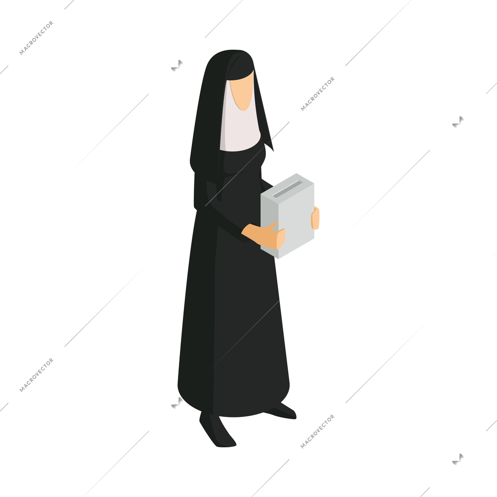 Isometric charity donation icon with nun raising money 3d vector illustration