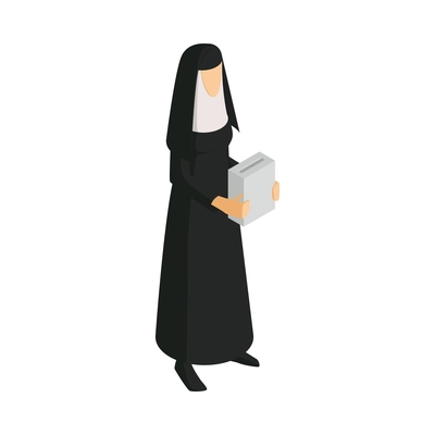 Isometric charity donation icon with nun raising money 3d vector illustration