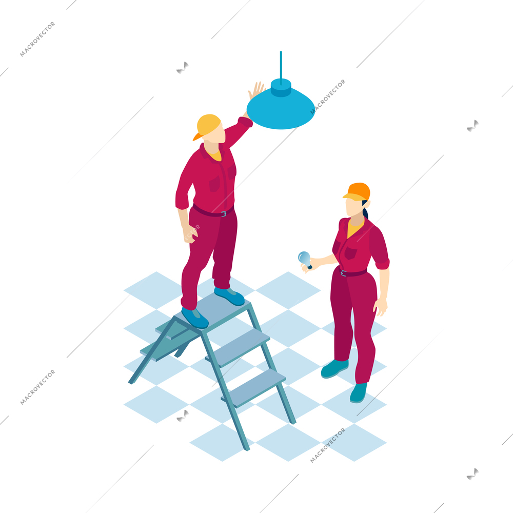 Two electricians in uniform repairing chandelier 3d vector illustration