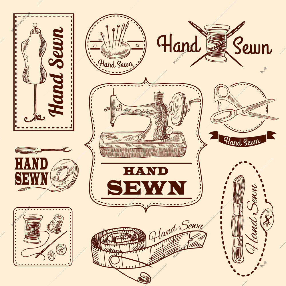 Sewing emblems hand drawn set with tailor and needlework elements isolated vector illustration