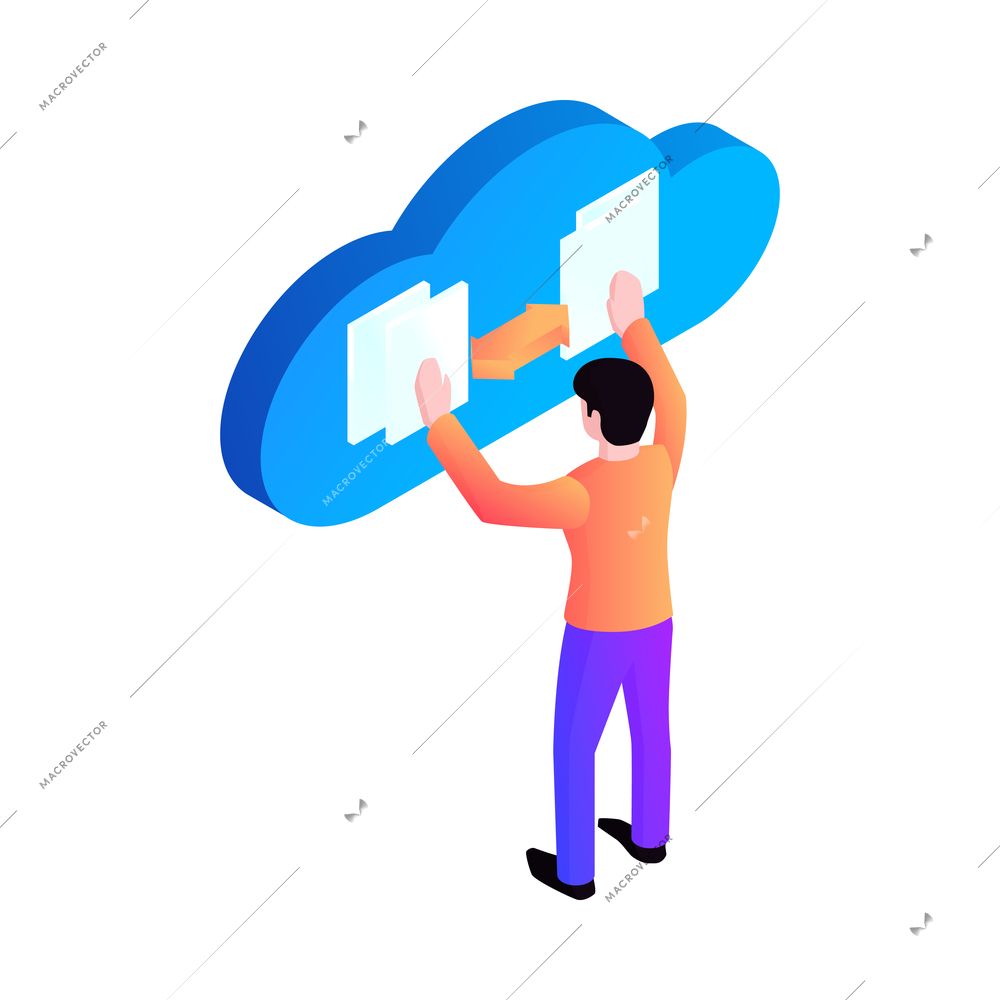 Isometric character using cloud computing interface 3d icon vector illustration