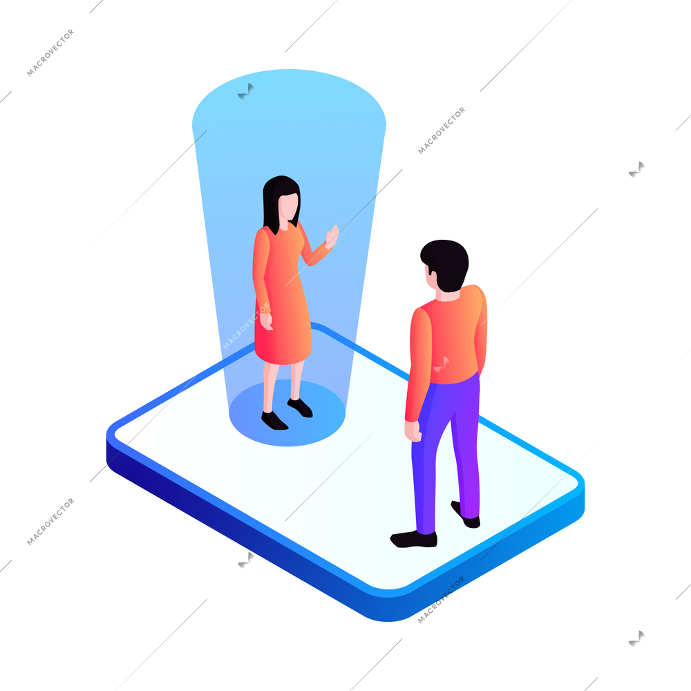 Virtual reality isometric color icon with man hologram and electronic device 3d vector illustration
