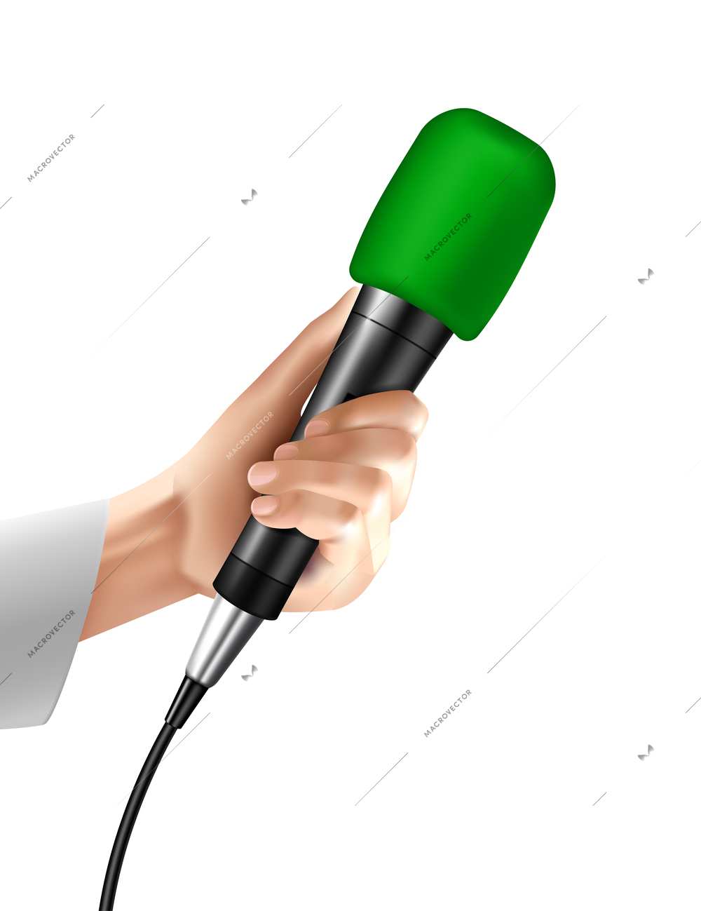 Human hand holding green professional microphone realistic vector illustration