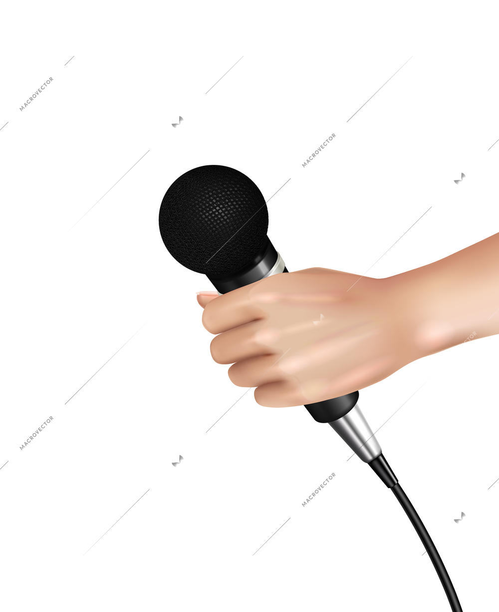Professional microphone in human hand on white background realistic vector illustration