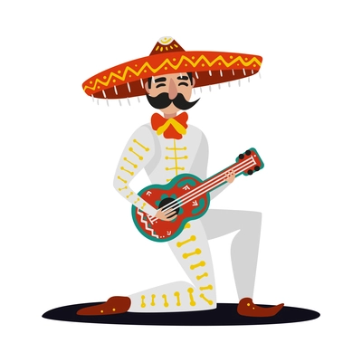 Mexican man in traditional costume playing ukulele flat vector illustration