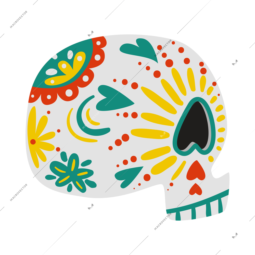 Mexican day of dead holiday flat icon with traditional patterned skull side view vector illustration