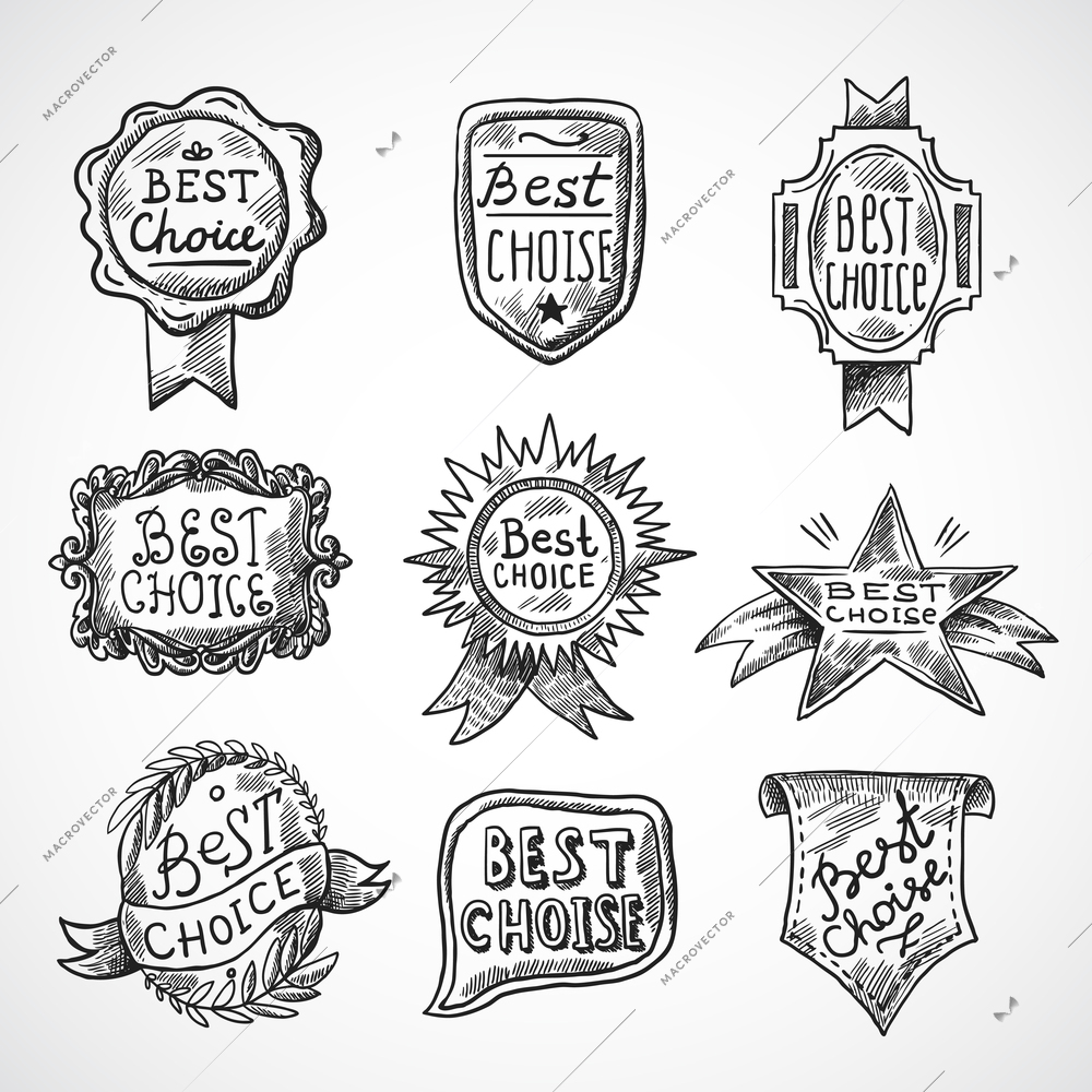 Best choice advertising and promotion badge black sketch set isolated vector illustration