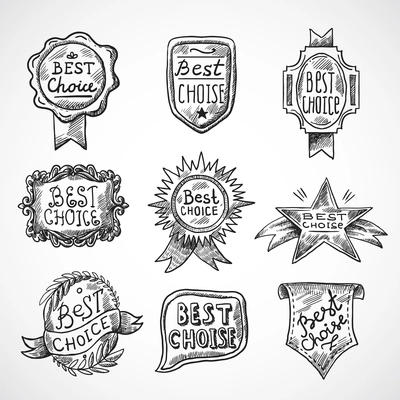 Best choice advertising and promotion badge black sketch set isolated vector illustration