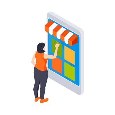 Ecommerce isometric icon with female character doing shopping online 3d vector illustration