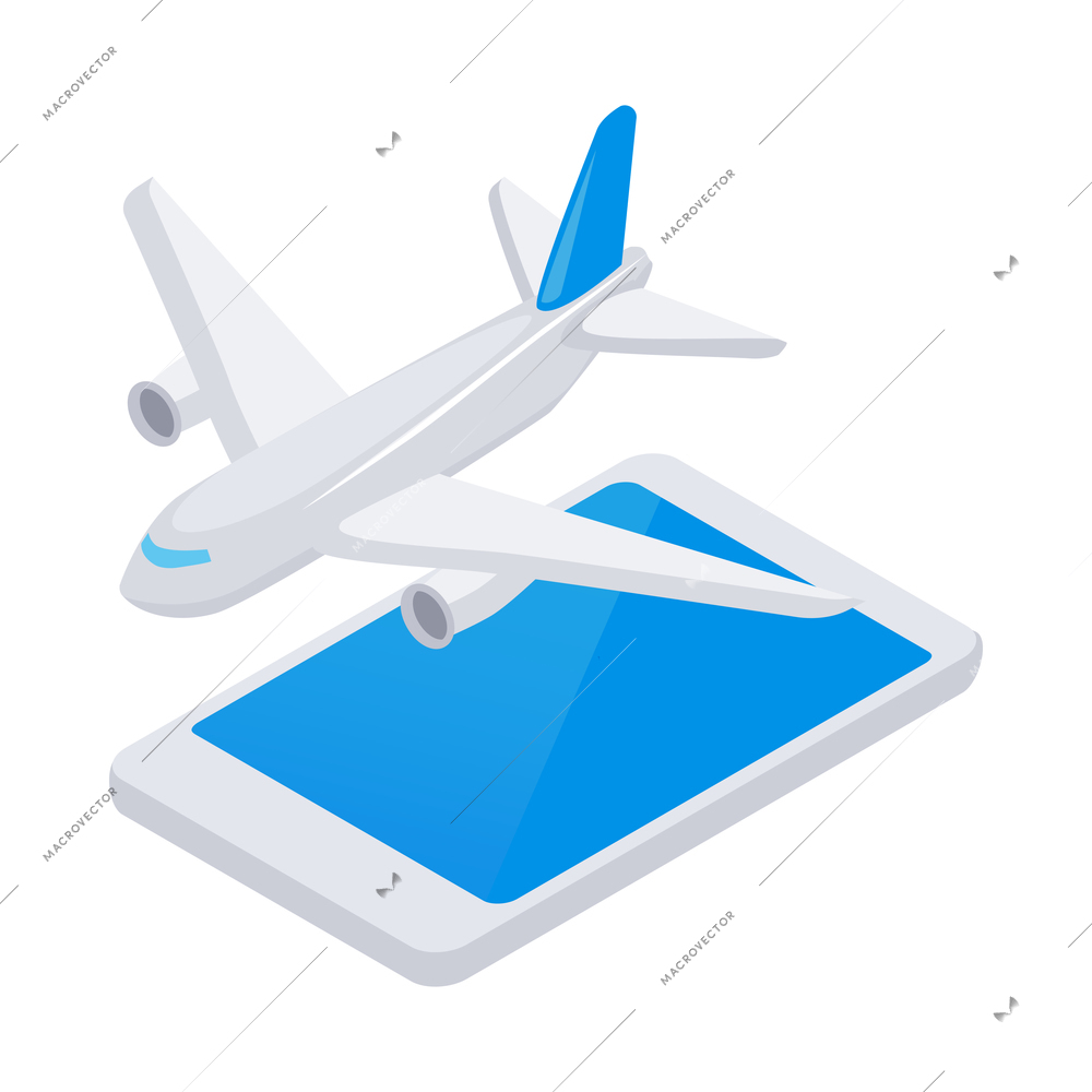 Online tickets booking isometric icon with airplane and gadget 3d vector illustration