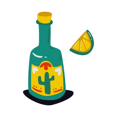 Flat bottle of mexican tequila with slice of lime isolated vector illustration