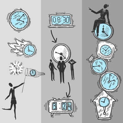 Clock vertical banners set with sketch business people and watch isolated vector illustration