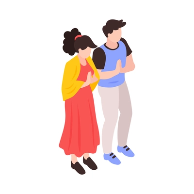 Isometric characters of tourists visiting church or temple 3d vector illustration