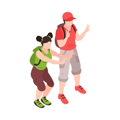 Two isometric tourists with backpacks 3d vector illustration