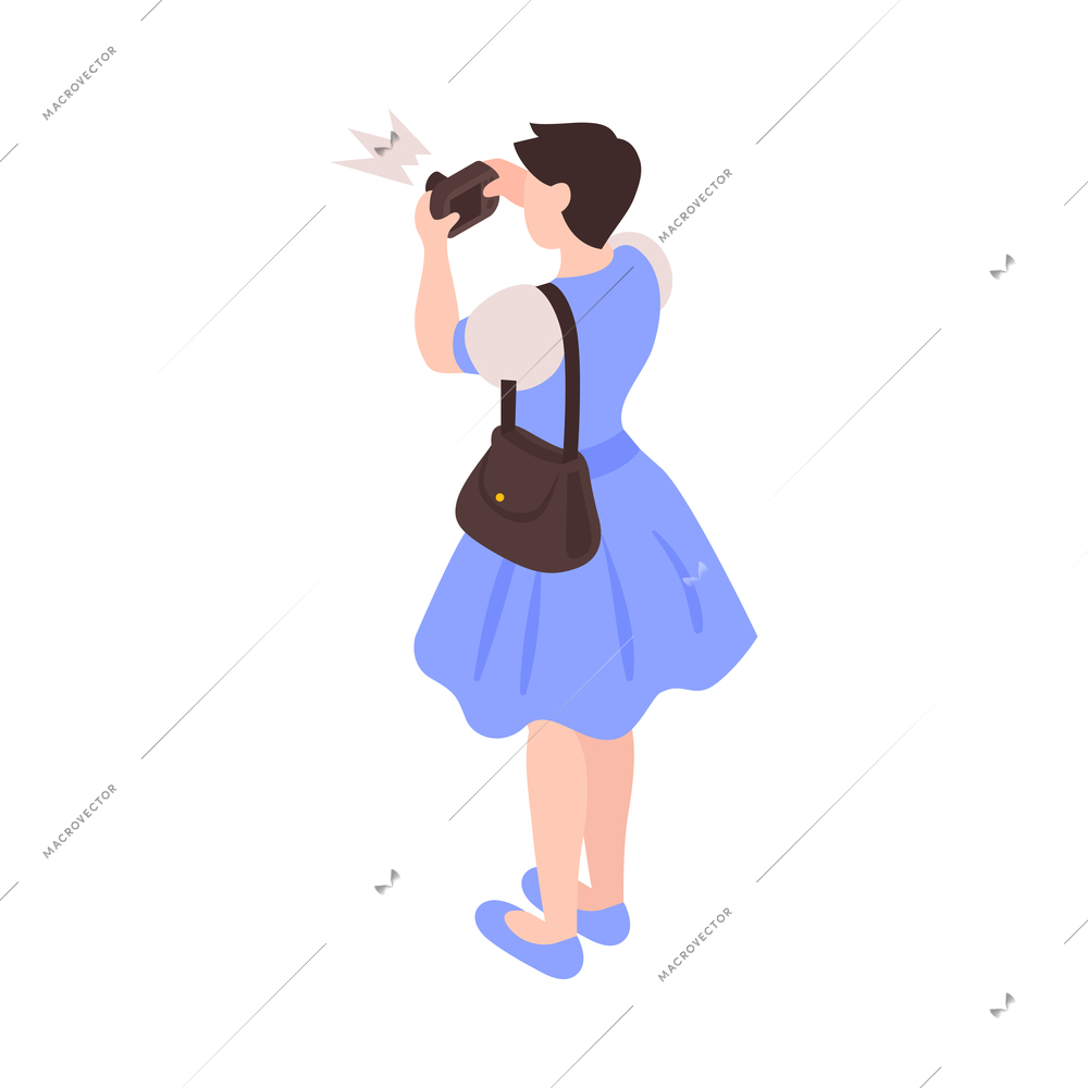 Isometric female tourist or museum visitor taking photo on camera 3d vector illustration