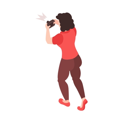Isometric female character of tourist taking photo back view 3d vector illustration
