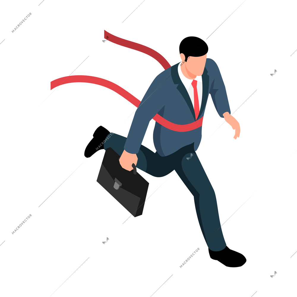 Isometric business challenge winning concept with businessman crossing finish line 3d vector illustration