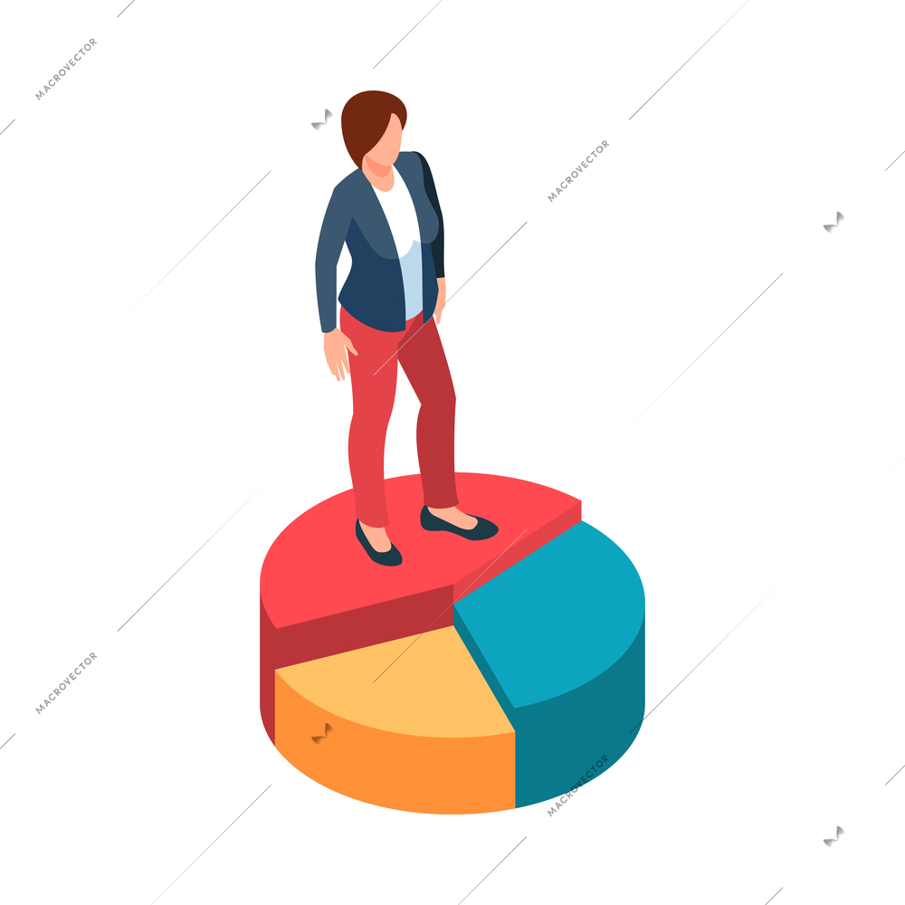 Isometric business concept with woman standing on pie chart 3d vector illustration