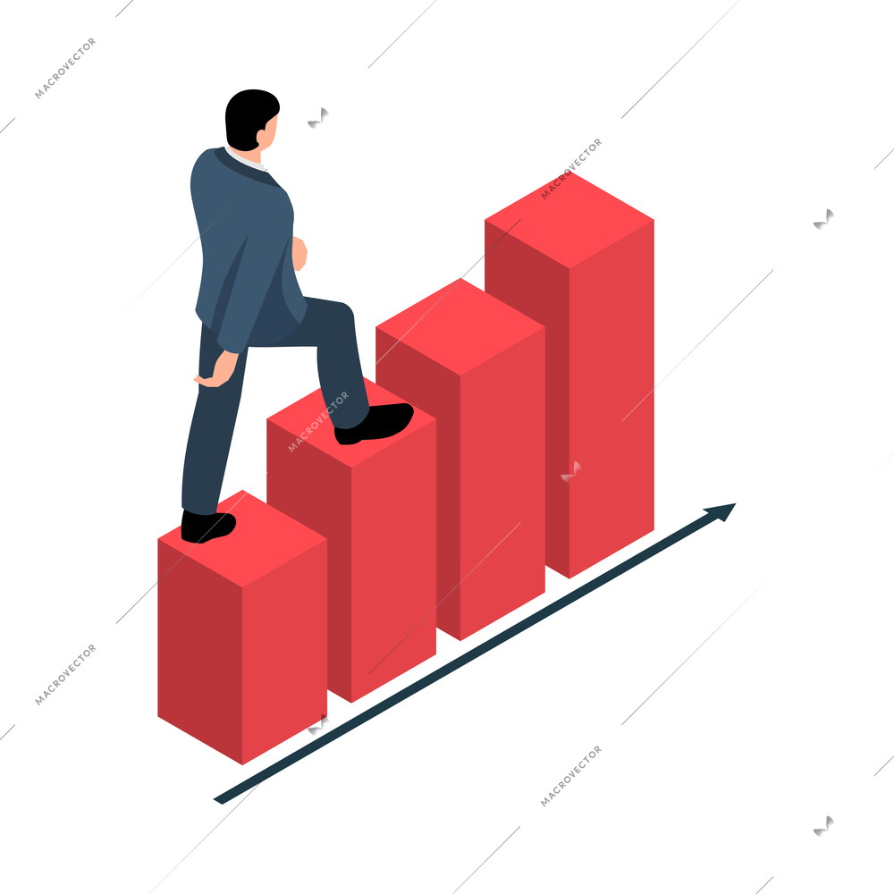 Businessman business success isometric concept with male character going up 3d vector illustration