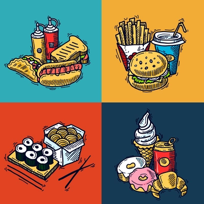 Fast food design concept set with sandwich croissant hotdog sketch icons isolated vector illustration