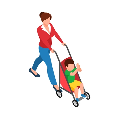 Isometric mother walking with baby in carriage 3d vector illustration