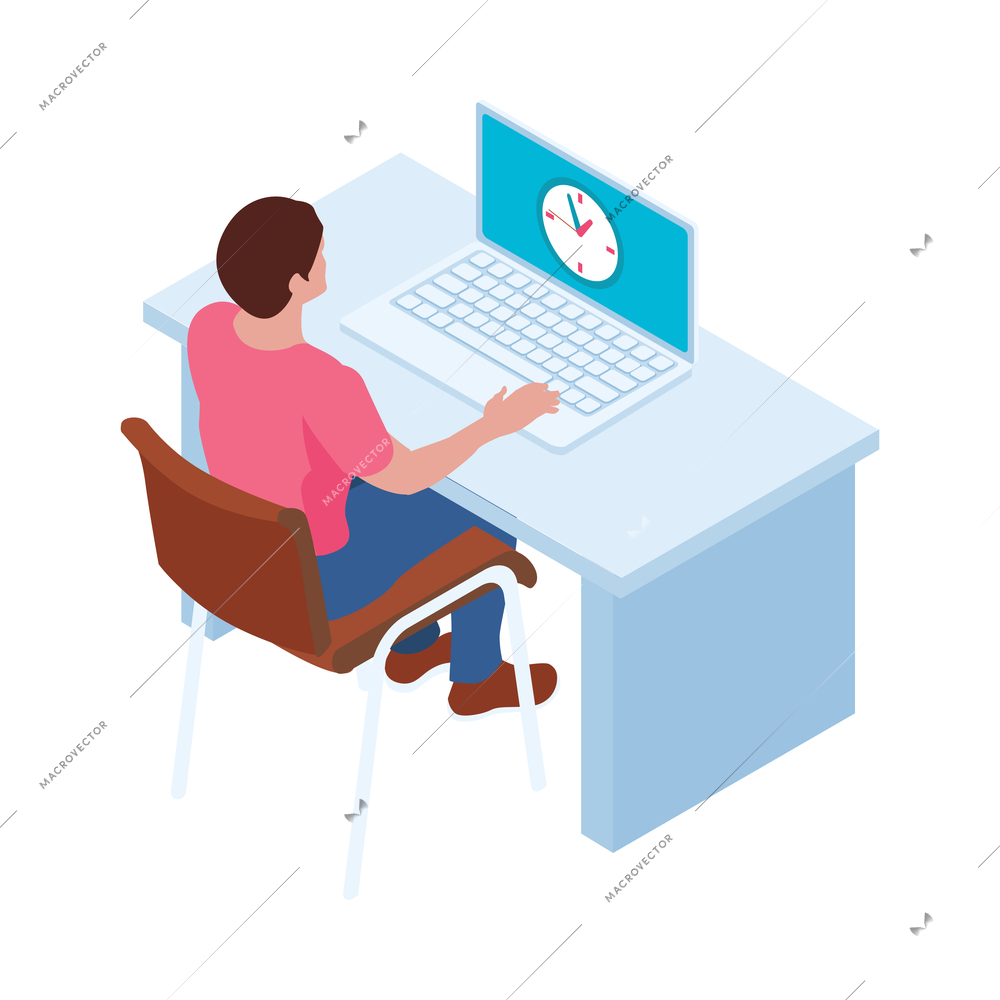 Time management isometric icon with man working on laptop with clock on screen 3d vector illustration