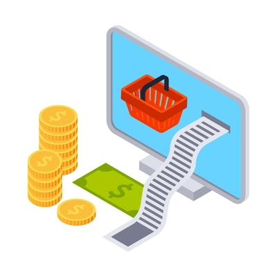 Online shopping isometric icon with computer cash receipt 3d vector illustration