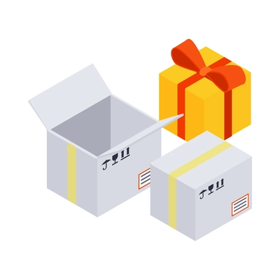 Online shopping isometric icon with wrapped gift and cardboard boxes 3d vector illustration