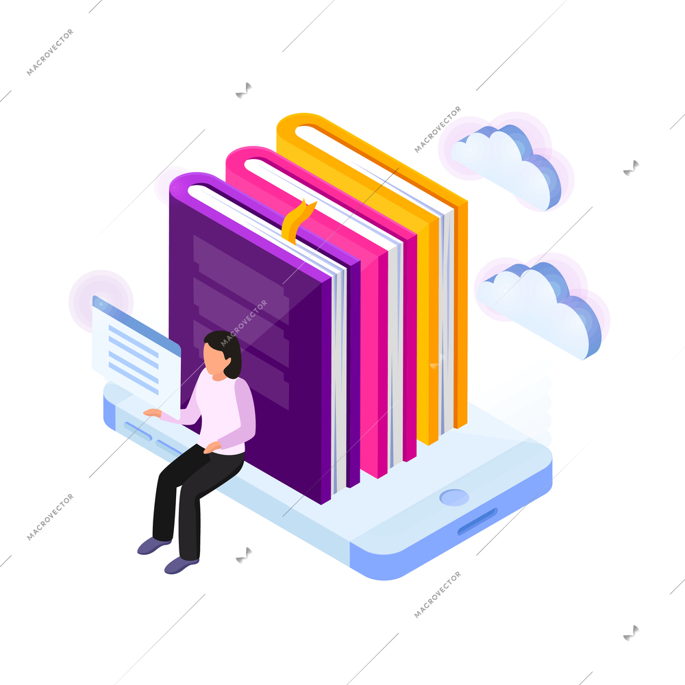 Online library isometric concept with human character and books in smartphone 3d vector illustration