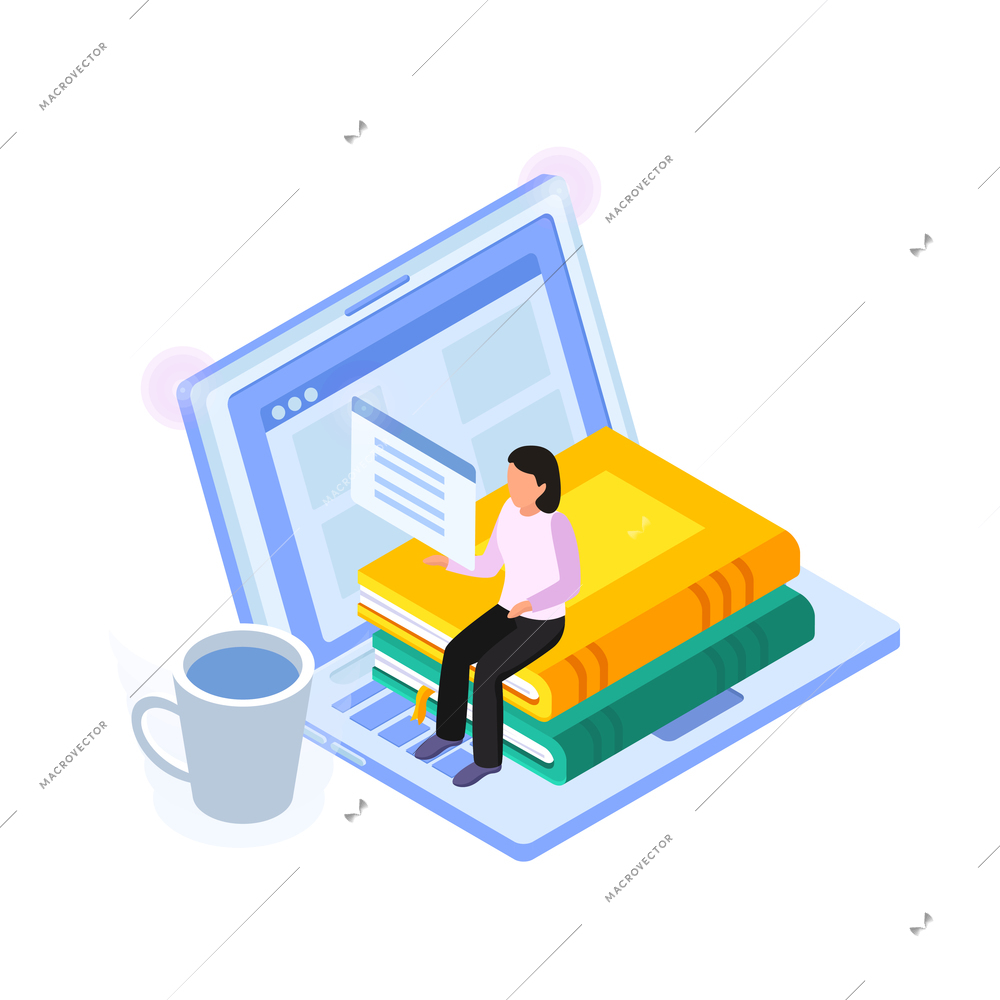 Online education electronic library concept with laptop and stack of books 3d isometric vector illustration