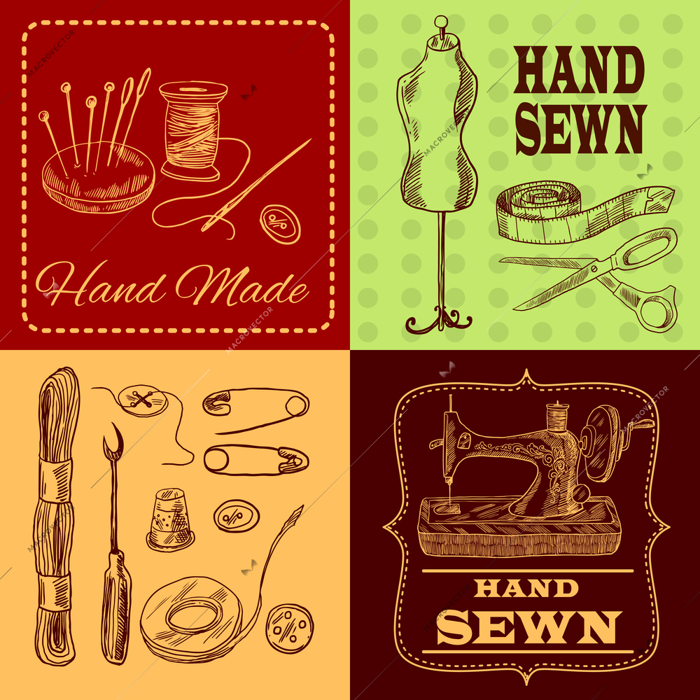 Sewing design concept with tailor equipment sketch icons set isolated vector illustration