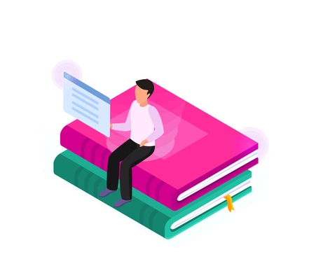 Isometric online library concept with books and human character 3d vector illustration