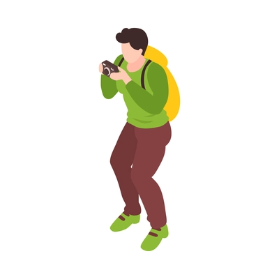 Isometric male tourist with backpack and camera 3d vector illustration