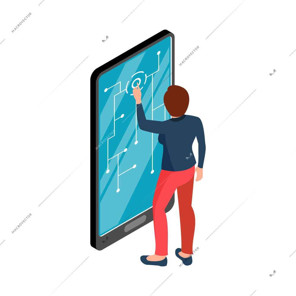 Isometric business concept with woman using smartphone with diagrams on screen 3d vector illustration