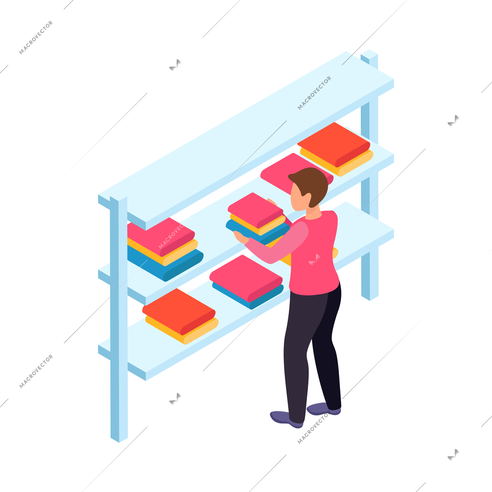 Isometric laundry room interior icon with worker putting clean linen on shelves 3d vector illustration