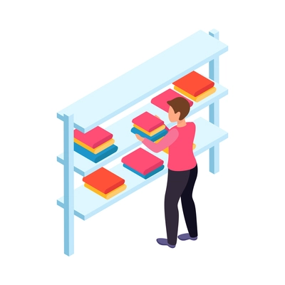 Isometric laundry room interior icon with worker putting clean linen on shelves 3d vector illustration