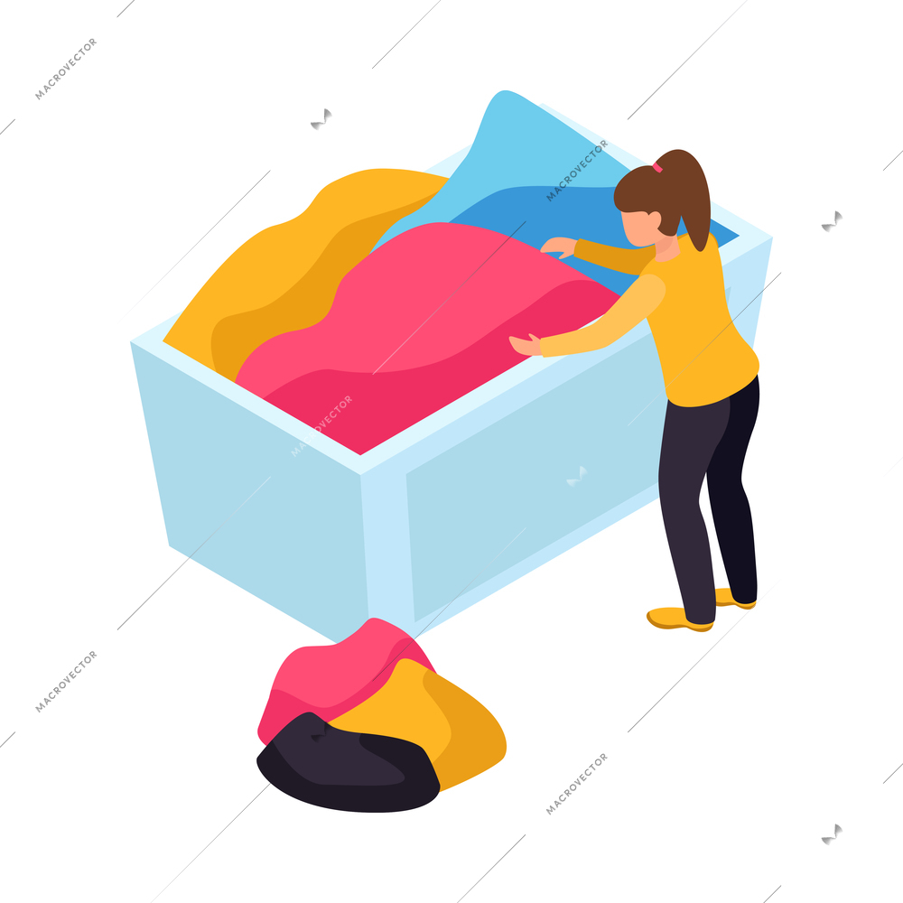 Laundry room isometric icon with female worker sorting linen 3d vector illustration